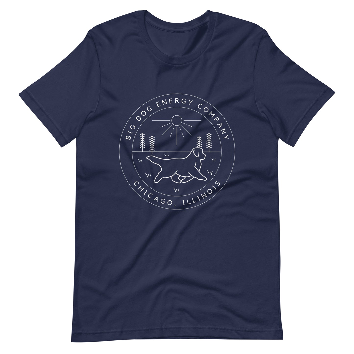 Navy t-shirt with the Big Dog Energy Company summer camp logo, which is white line art of the outline of a Newfoundland dog trotting through grass with primitive trees and a radiant sun in the background. All of this is encased by two concentric circles, with "Big Dog Energy Company, Chicago, Illinois" wrapped around the inside of the circles and surrounding the logo.