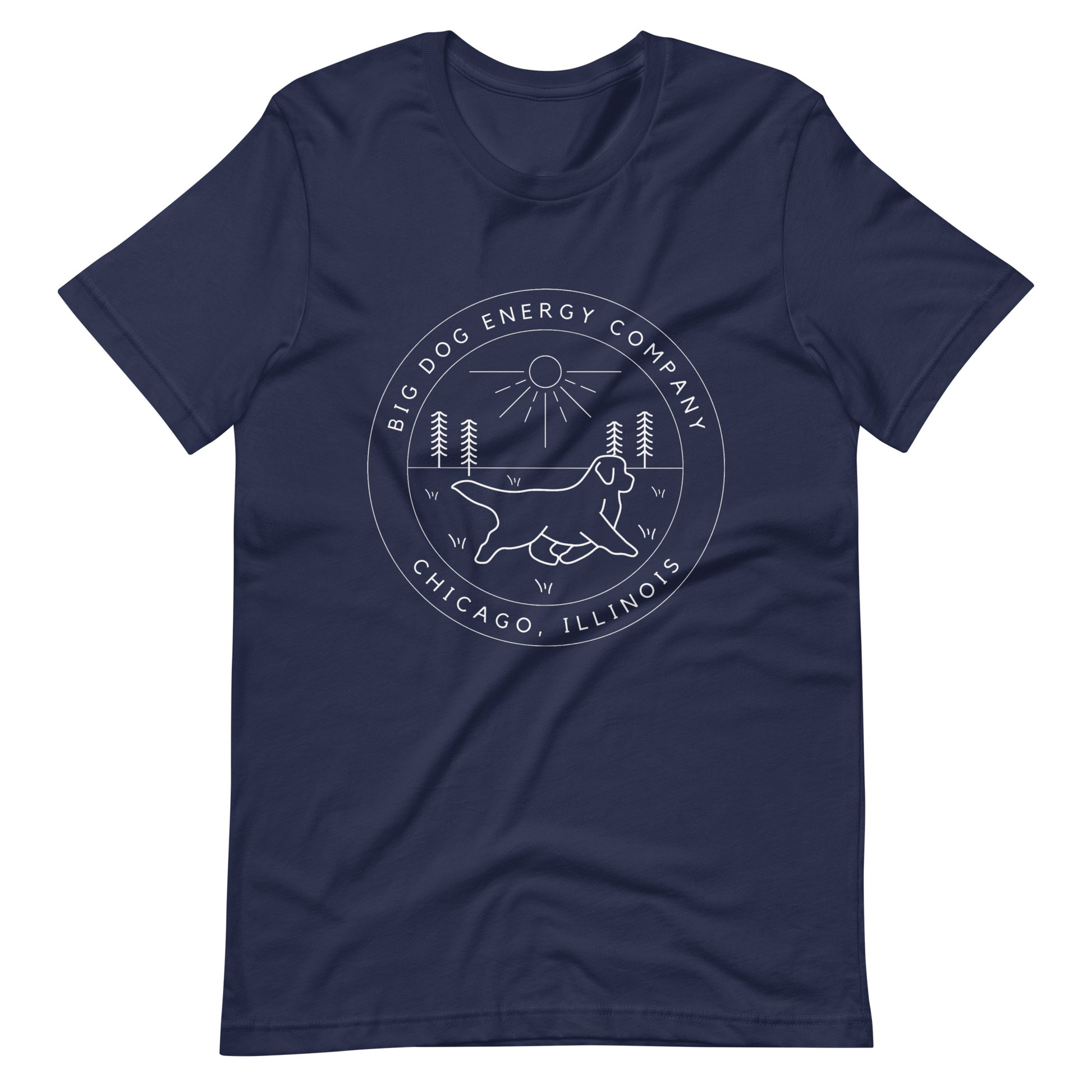 Navy t-shirt with the Big Dog Energy Company summer camp logo, which is white line art of the outline of a Newfoundland dog trotting through grass with primitive trees and a radiant sun in the background. All of this is encased by two concentric circles, with "Big Dog Energy Company, Chicago, Illinois" wrapped around the inside of the circles and surrounding the logo.