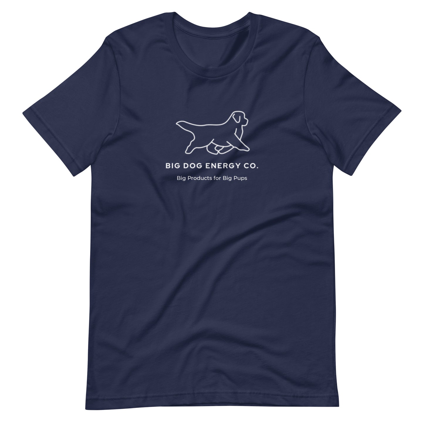 Navy t-shirt showing the white Big Dog Energy Company logo, which is a Newfoundland dog silhouette over the company name, with a smaller saying "Big Products for Big Pups" underneath the logo, also in white text.