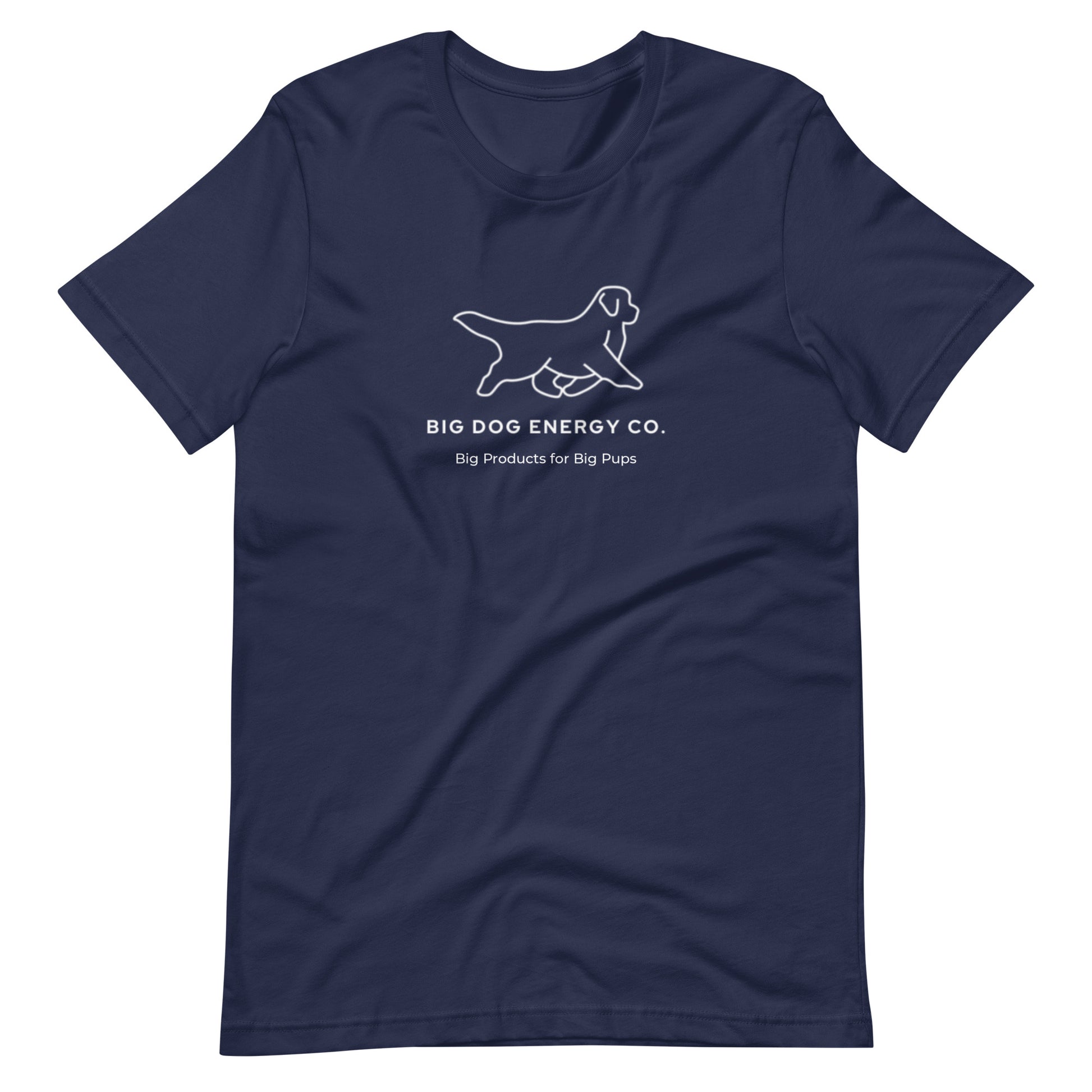 Navy t-shirt showing the white Big Dog Energy Company logo, which is a Newfoundland dog silhouette over the company name, with a smaller saying "Big Products for Big Pups" underneath the logo, also in white text.