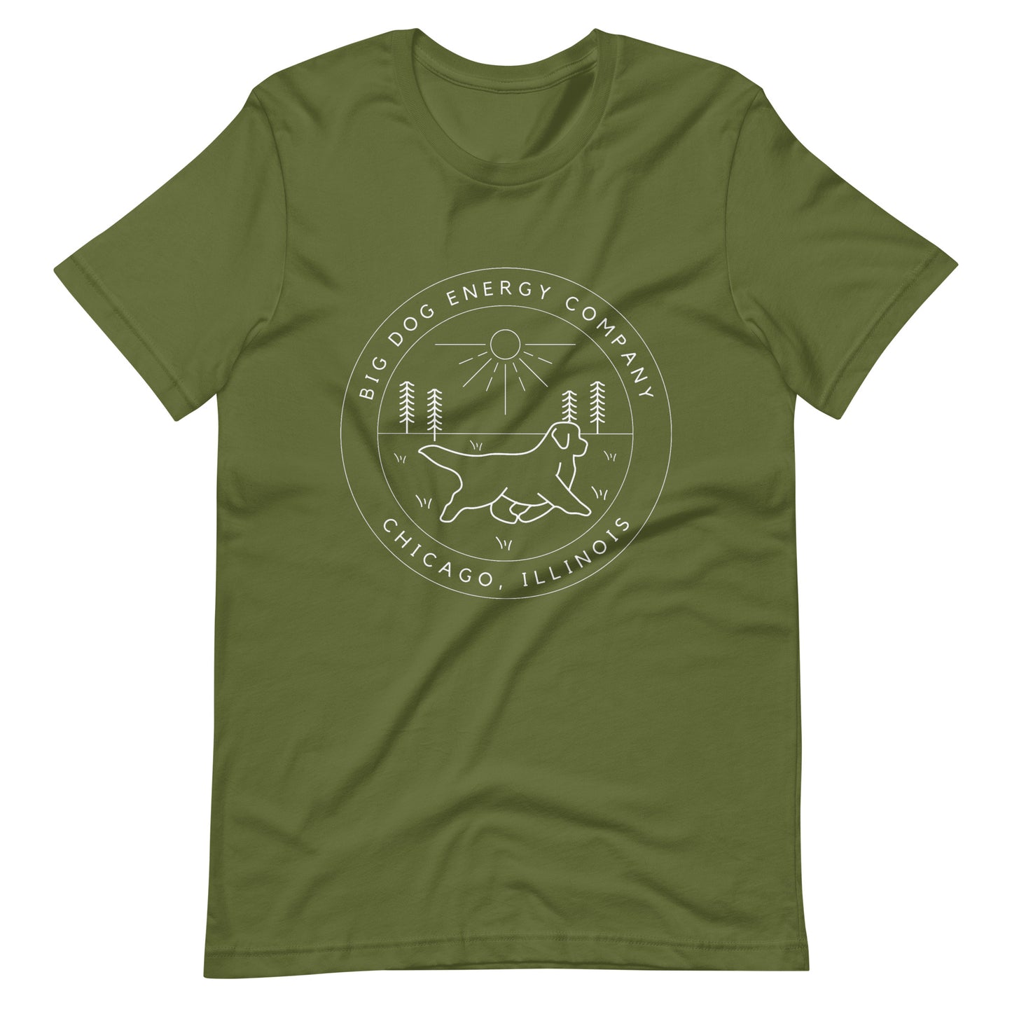 Olive green t-shirt with the Big Dog Energy Company summer camp logo, which is white line art of the outline of a Newfoundland dog trotting through grass with primitive trees and a radiant sun in the background. All of this is encased by two concentric circles, with "Big Dog Energy Company, Chicago, Illinois" wrapped around the inside of the circles and surrounding the logo.