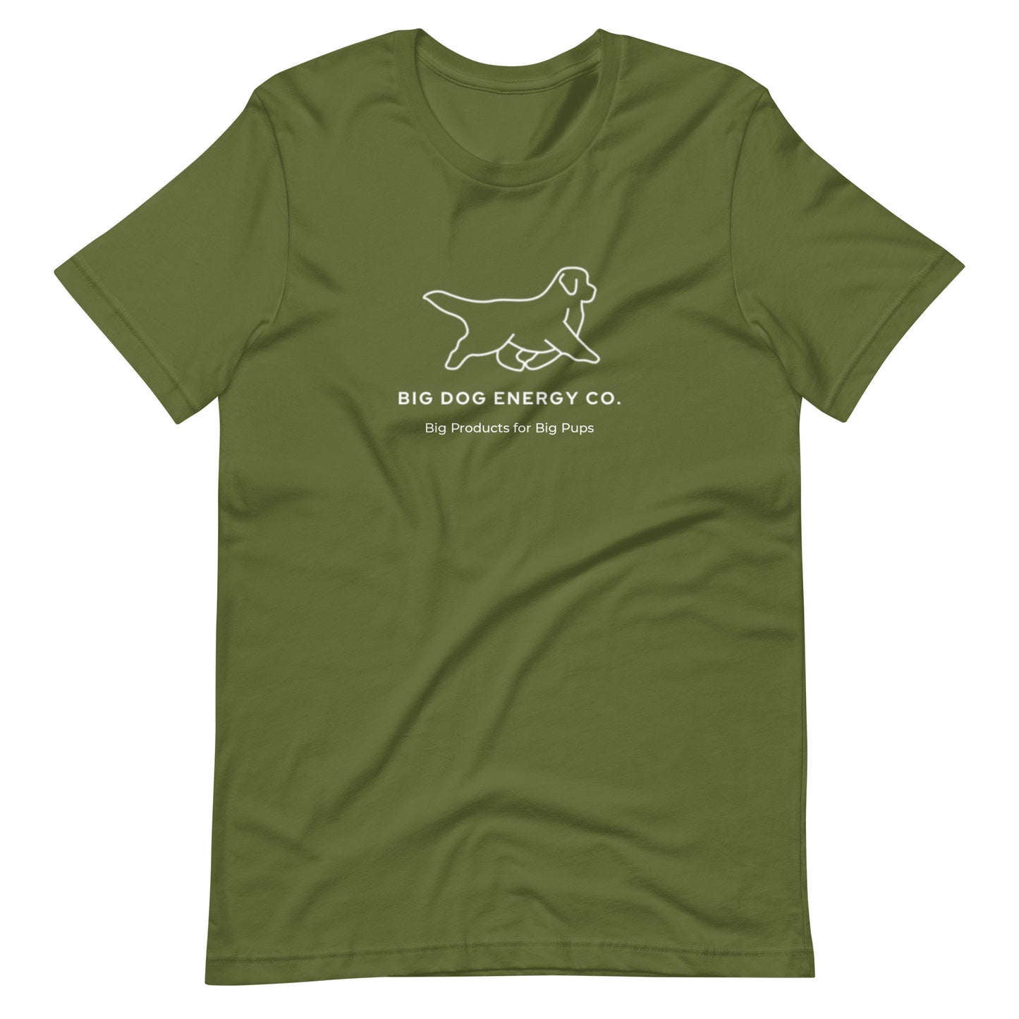 Olive green t-shirt showing the white Big Dog Energy Company logo, which is a Newfoundland dog silhouette over the company name, with a smaller saying "Big Products for Big Pups" underneath the logo, also in white text.