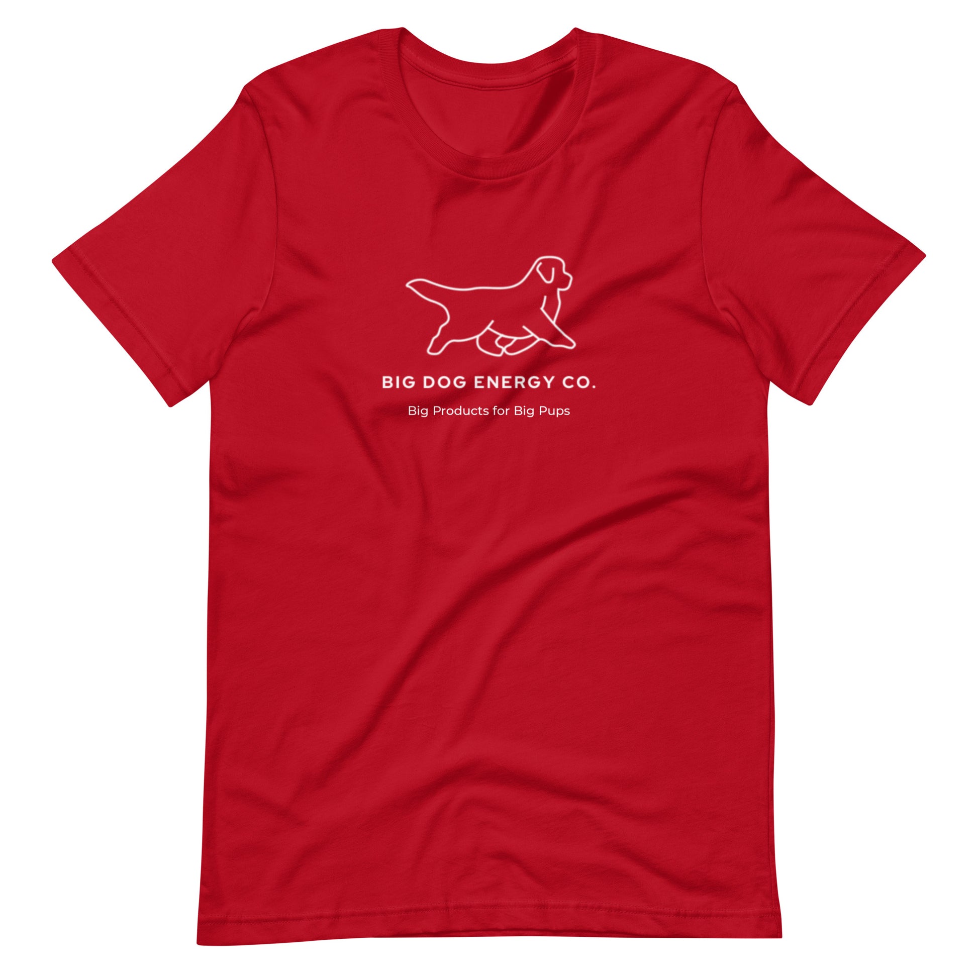 Red t-shirt showing the white Big Dog Energy Company logo, which is a Newfoundland dog silhouette over the company name, with a smaller saying "Big Products for Big Pups" underneath the logo, also in white text.