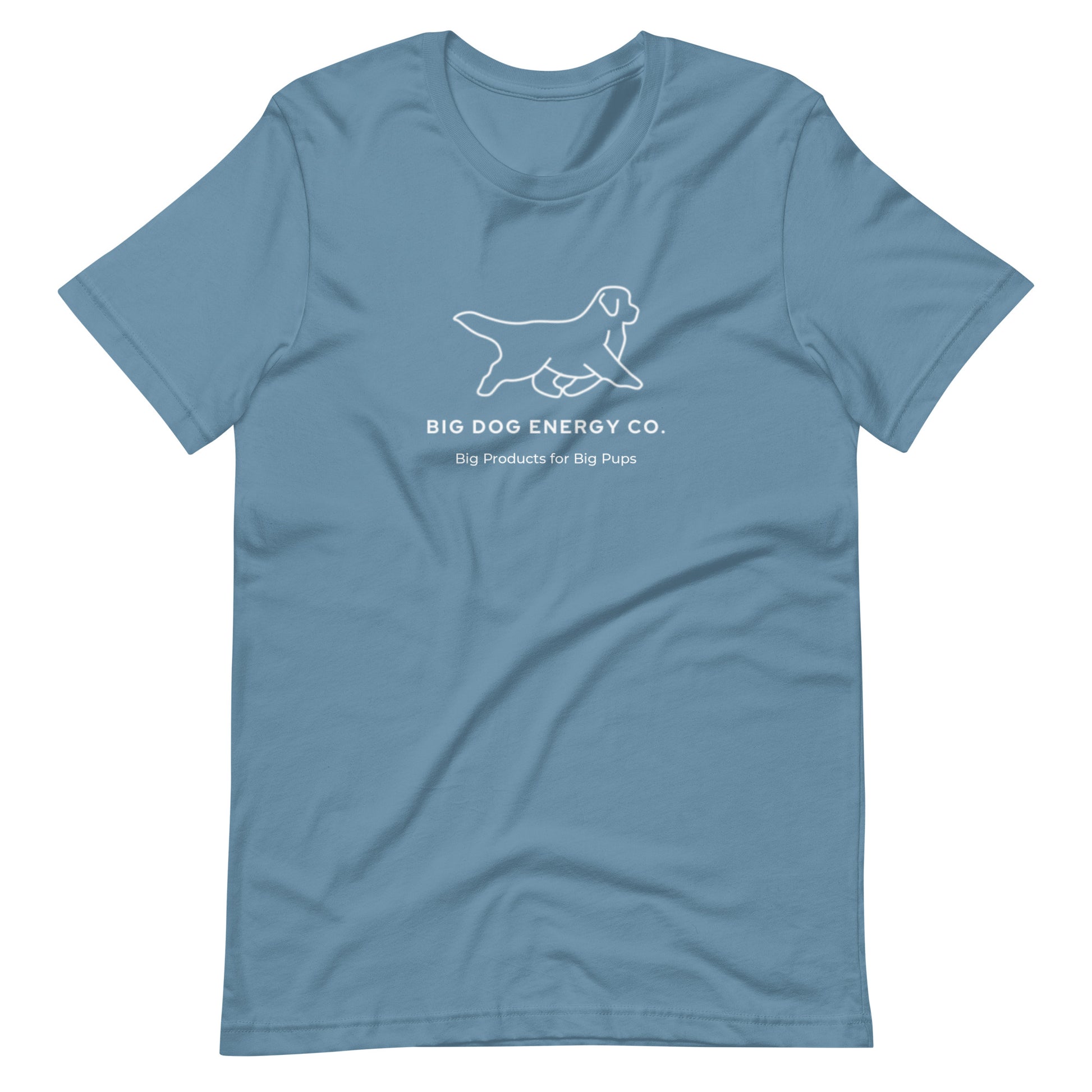 Steel blue t-shirt showing the white Big Dog Energy Company logo, which is a Newfoundland dog silhouette over the company name, with a smaller saying "Big Products for Big Pups" underneath the logo, also in white text.