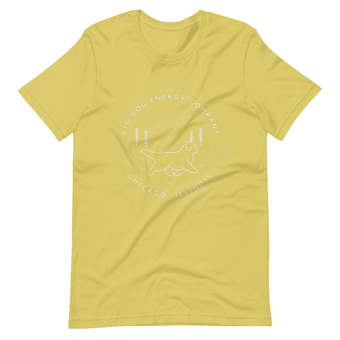 Strobe green/yellow t-shirt with the Big Dog Energy Company summer camp logo, which is white line art of the outline of a Newfoundland dog trotting through grass with primitive trees and a radiant sun in the background. All of this is encased by two concentric circles, with "Big Dog Energy Company, Chicago, Illinois" wrapped around the inside of the circles and surrounding the logo.