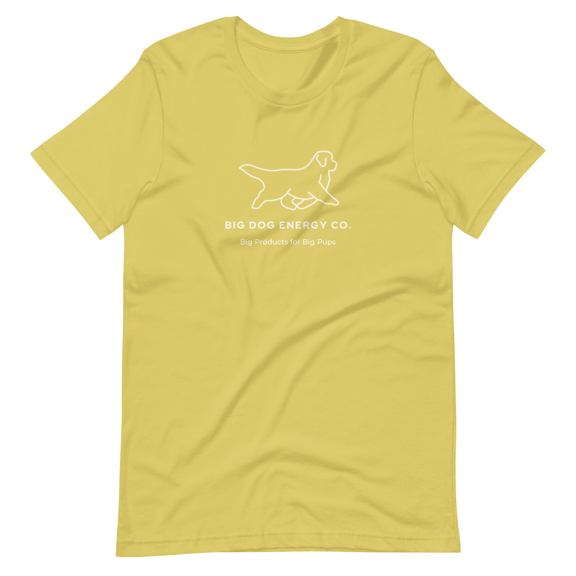 Strobe green/yellow t-shirt showing the white Big Dog Energy Company logo, which is a Newfoundland dog silhouette over the company name, with a smaller saying "Big Products for Big Pups" underneath the logo, also in white text.