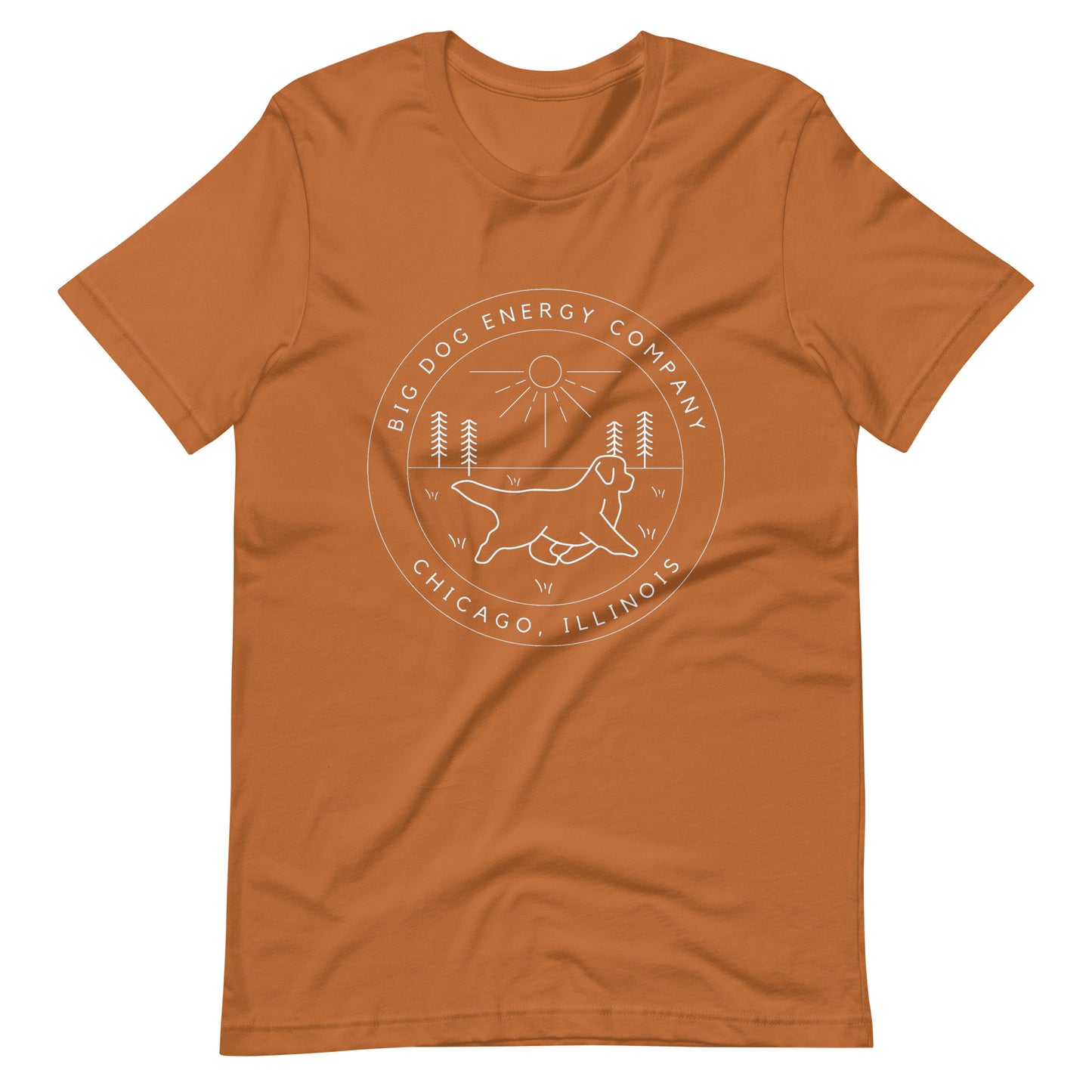 Toast orange t-shirt with the Big Dog Energy Company summer camp logo, which is white line art of the outline of a Newfoundland dog trotting through grass with primitive trees and a radiant sun in the background. All of this is encased by two concentric circles, with "Big Dog Energy Company, Chicago, Illinois" wrapped around the inside of the circles and surrounding the logo.