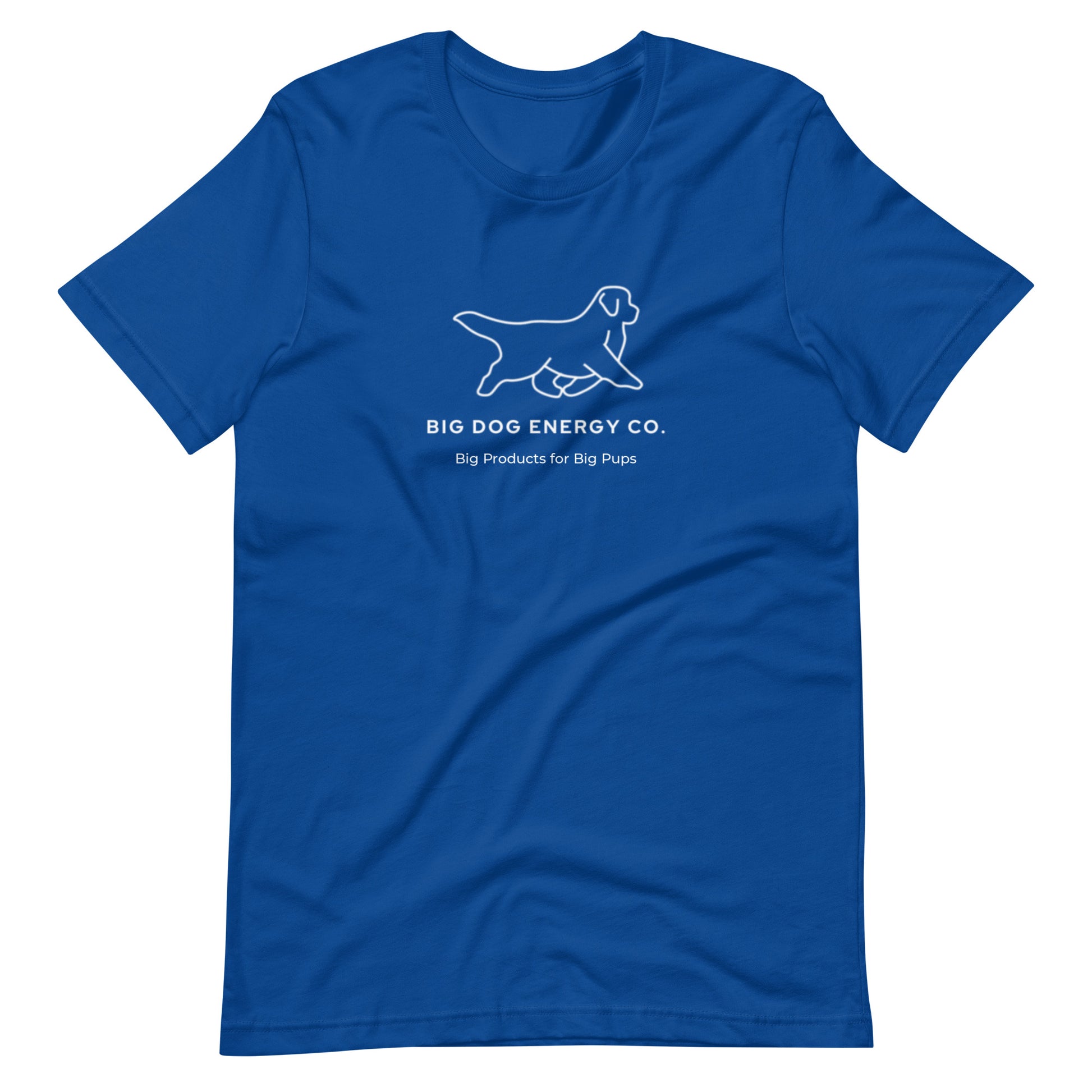 Royal blue t-shirt showing the white Big Dog Energy Company logo, which is a Newfoundland dog silhouette over the company name, with a smaller saying "Big Products for Big Pups" underneath the logo, also in white text.