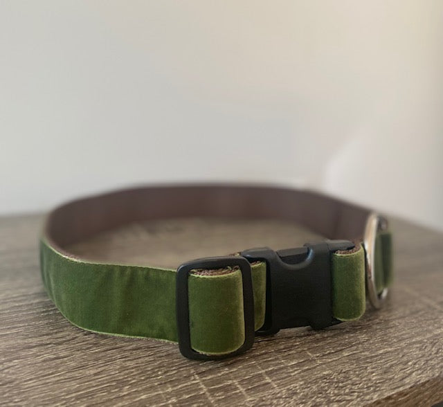 1.5" wide green velvet Mimi Green dog collar for big and giant dogs with necks between 25 and 29 inches
