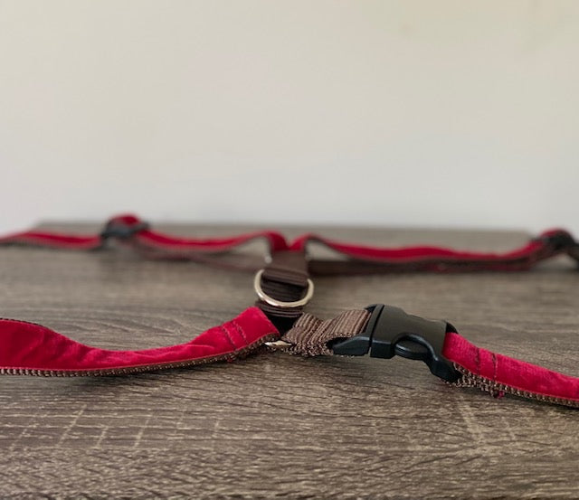 Laid out easy-on Mimi Green red velvet dog harness for large and giant dogs with a 35 inch to 42 inch girth