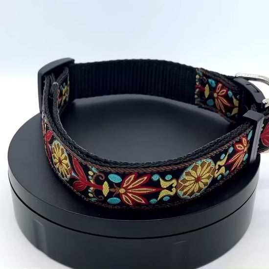 Video of 1 inch wide Parisian pattern Diva Dog collar for big and giant dogs with necks between 24 and 32 inches spinning on pedestal