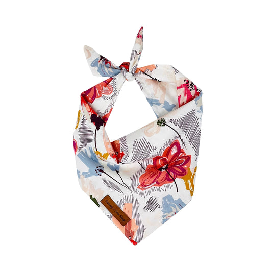 White sustainable material Sammy's Sew Shop bandana with floral pattern for large and giant breed dogs with neck up to 34 inches