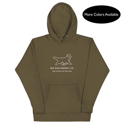 Military green hoodie showing the white Big Dog Energy Company logo, which is a Newfoundland dog silhouette over the company name, with a smaller saying "Big Products for Big Pups" underneath the logo, also in white text.