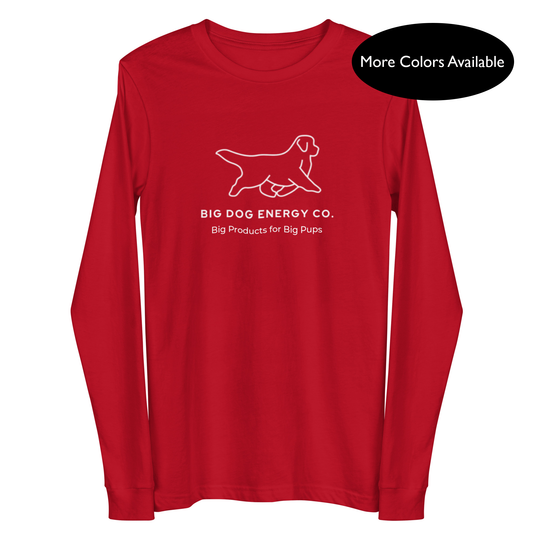 Red long sleeve t-shirt showing the white Big Dog Energy Company logo, which is a Newfoundland dog silhouette over the company name, with a smaller saying "Big Products for Big Pups" underneath the logo, also in white text.