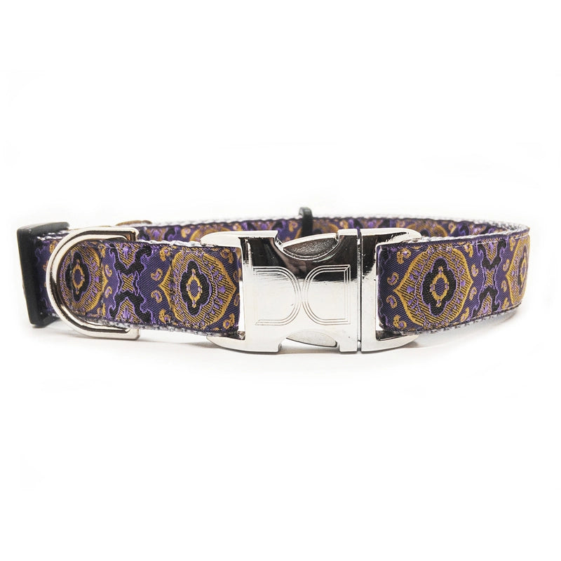 1 inch wide purple and yellow pattern Diva Dog collar for big and giant dogs with necks between 24 and 32 inches