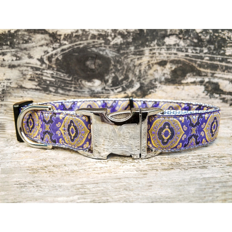 1 inch wide purple and yellow pattern Diva Dog collar for big and giant dogs with necks between 24 and 32 inches