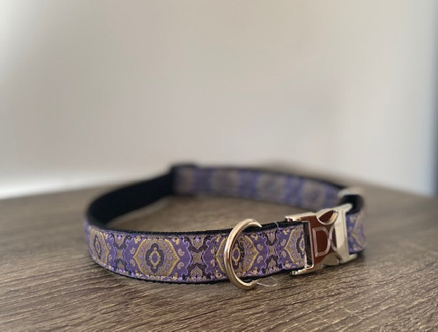 1 inch wide purple and yellow pattern Diva Dog collar for big and giant dogs with necks between 24 and 32 inches