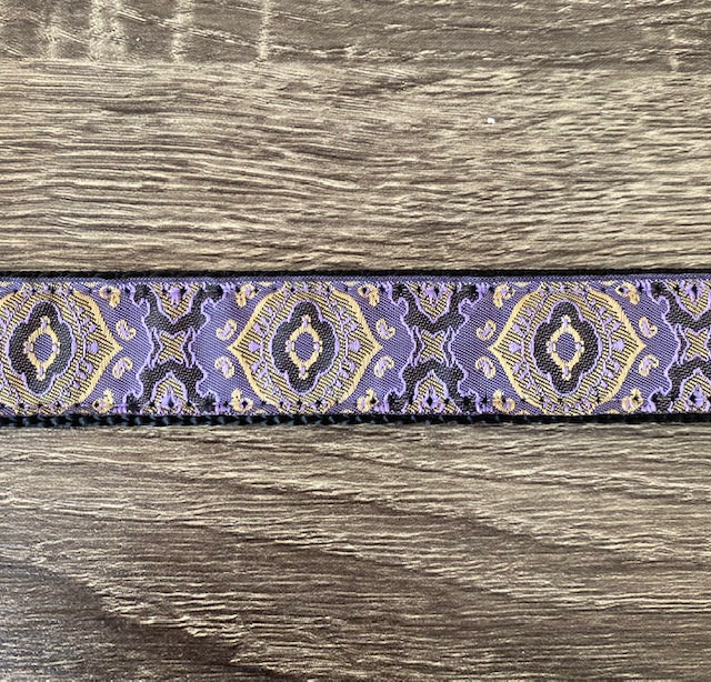 1 inch wide purple and yellow pattern Diva Dog collar for big and giant dogs with necks between 24 and 32 inches