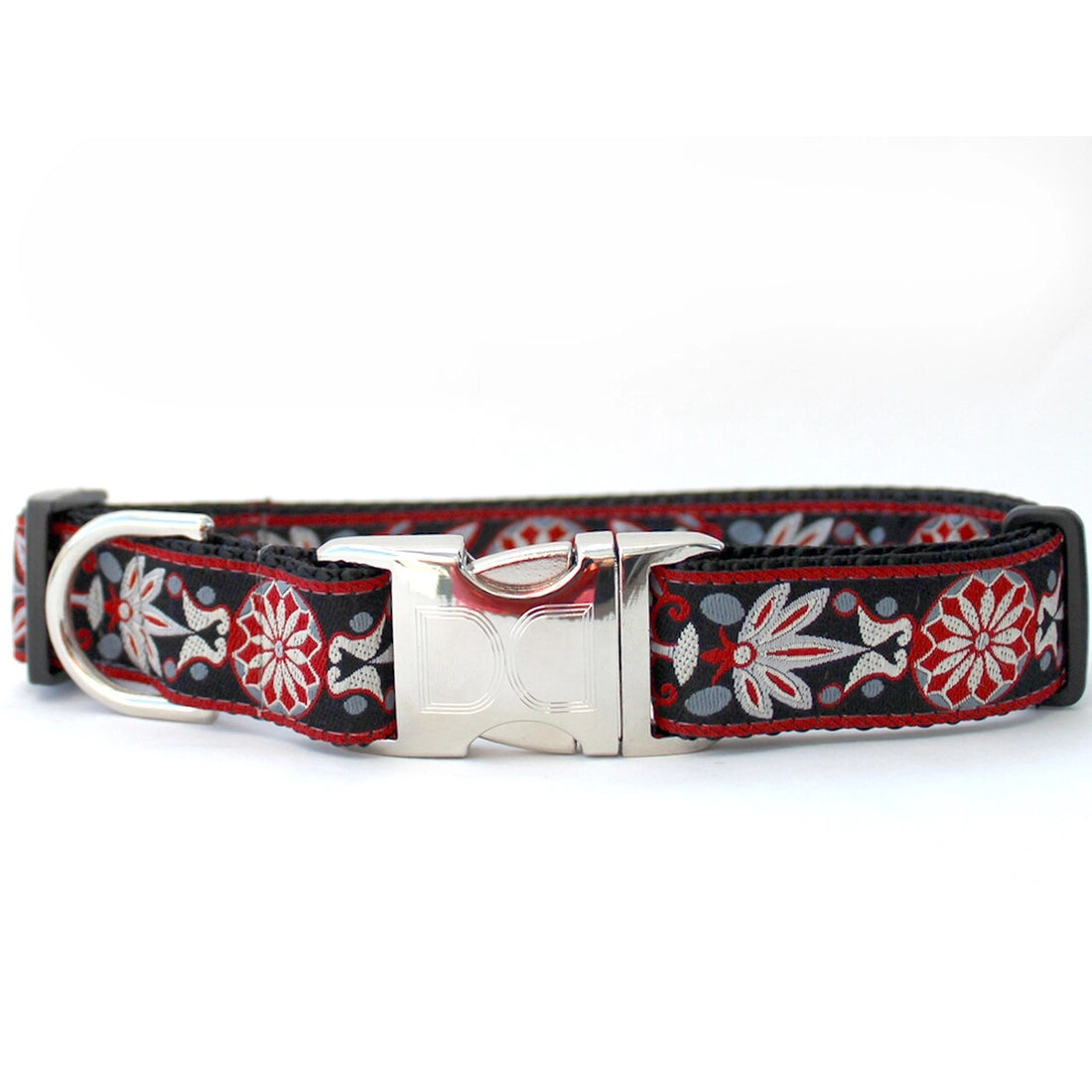 1 inch wide red and black fancy pattern Diva Dog collar for big and giant dogs with necks between 24 and 32 inches