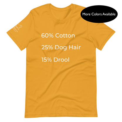 Front of a mustard yellow t-shirt that has a list that reads "60% Cotton 25% Dog Hair 15% Drool" in white text.