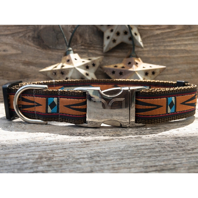 1 inch wide brown Diva Dog collar with orange, blue, and white Indian style pattern for big and giant dogs with necks between 24 inches and 32 inches