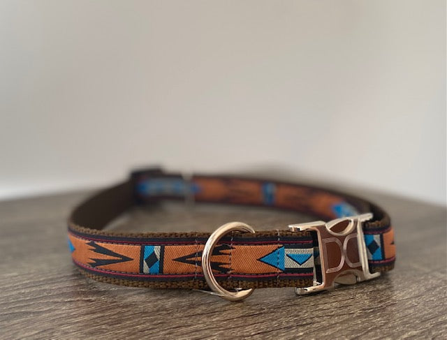 1 inch wide brown Diva Dog collar with earth tone and blue pattern for big and giant dogs with necks between 24 and 32 inches