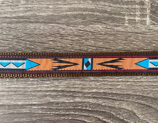 1 inch wide brown Diva Dog collar with burnt orange and blue pattern for big and giant dogs with necks between 24 and 32 inches