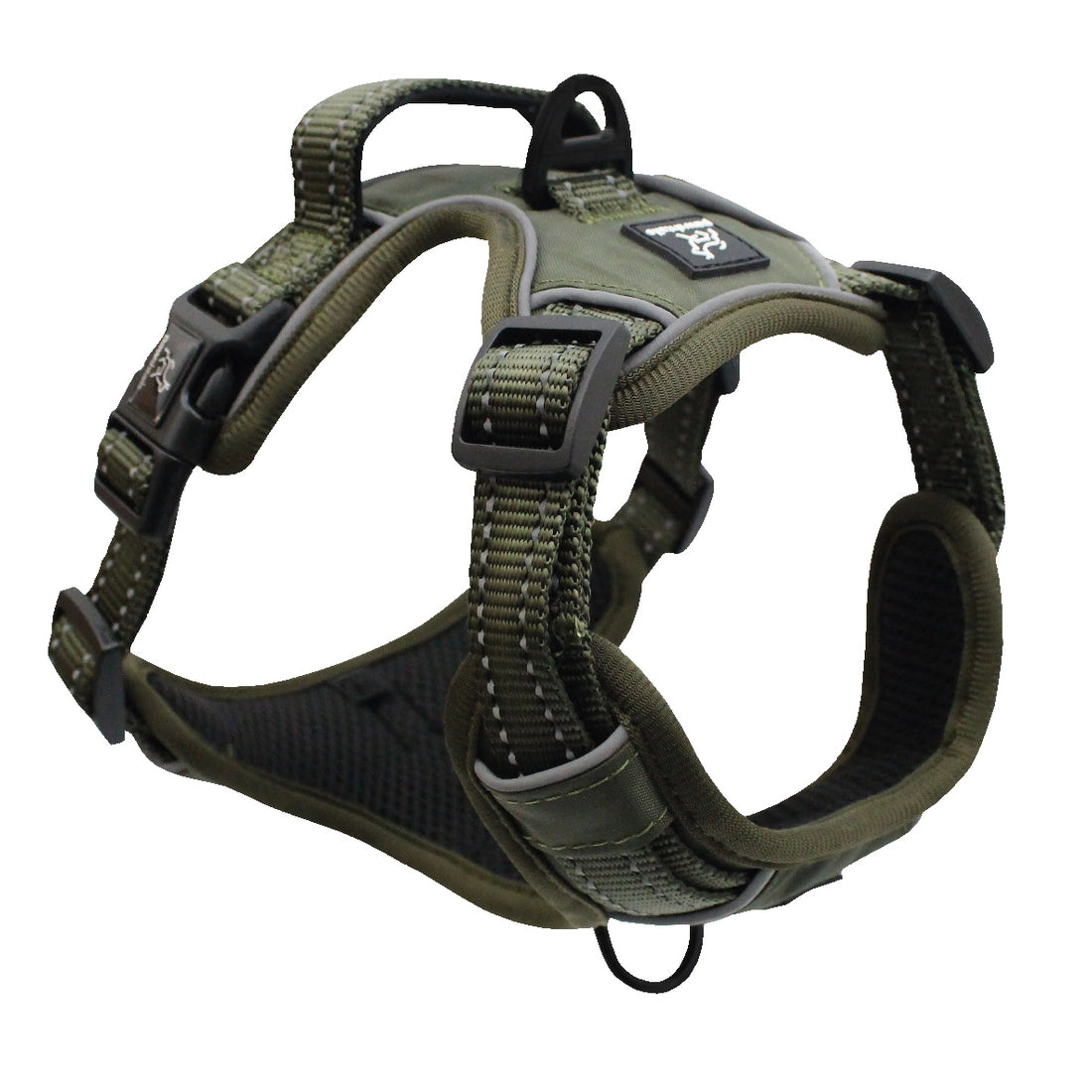 Khaki Pawshtails no-pull harness that fits giant and large dogs with a 20.5 inch to 28.75 inch neck and 30 inch to 39 inch girth