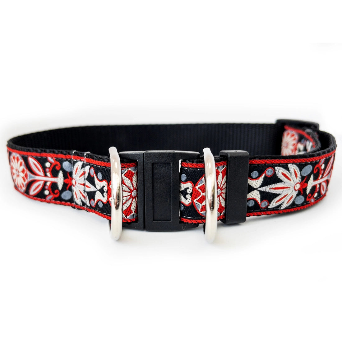 1 inch wide red and black fancy pattern Diva Dog safety release buckle collar for big and giant dogs with necks between 24 and 32 inches