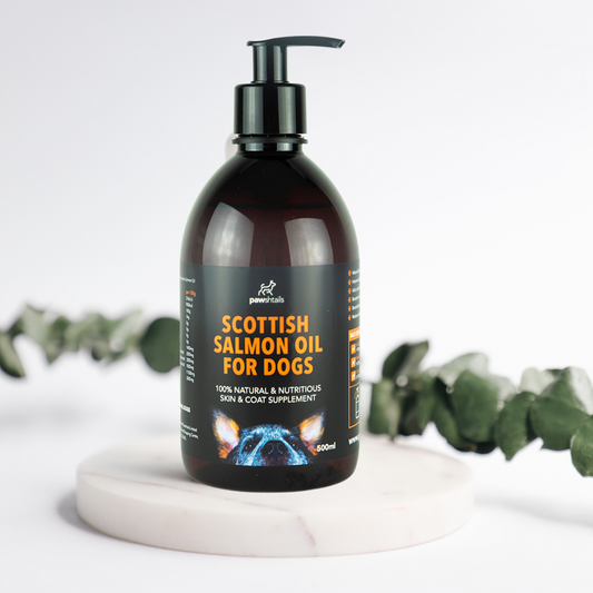 A 500 mL brown pump bottle of Pawshtails Scottish Salmon Oil for Dogs to help supplement their skin and coat