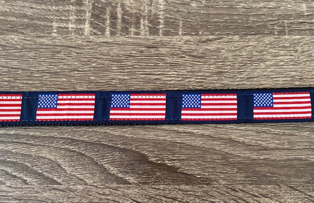 1 inch wide navy Diva Dog collar with Old Glory flag pattern for big and giant dogs with necks between 24 and 32 inches