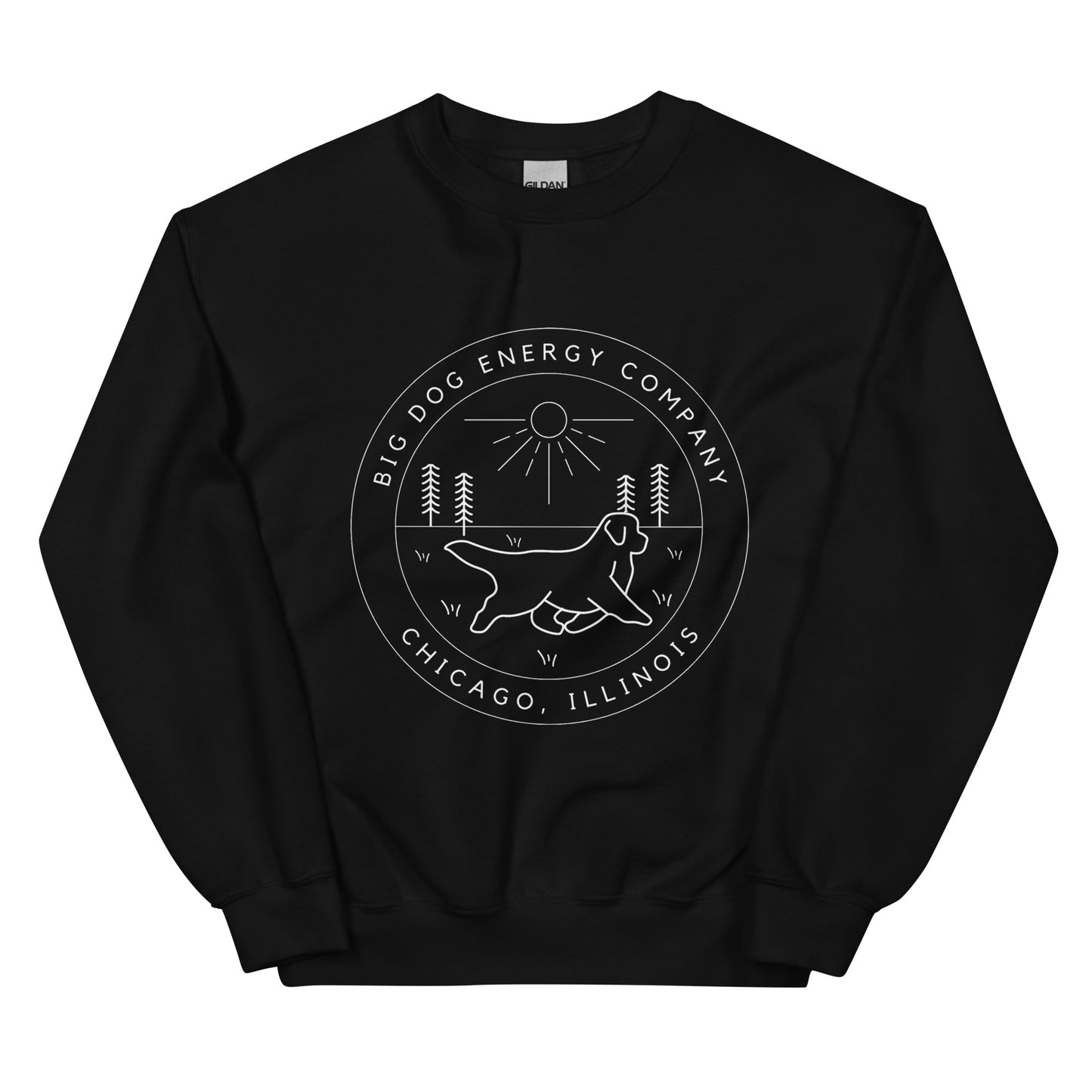 Black crew neck sweatshirt with the Big Dog Energy Company summer camp logo, which is white line art of the outline of a Newfoundland dog trotting through grass with primitive trees and a radiant sun in the background. All of this is encased by two concentric circles, with "Big Dog Energy Company, Chicago, Illinois" wrapped around the inside of the circles and surrounding the logo.