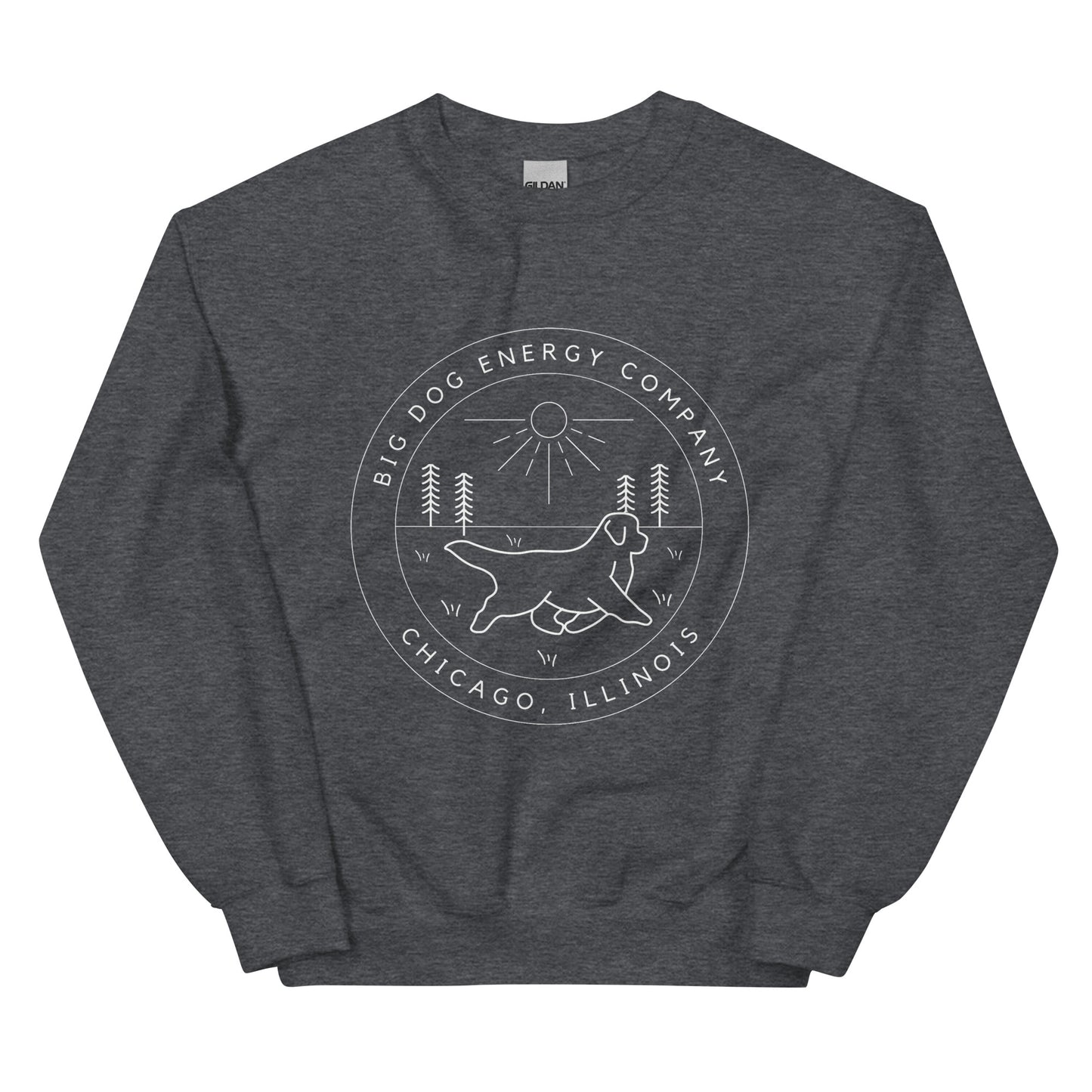 Dark heather grey crew neck sweatshirt with the Big Dog Energy Company summer camp logo, which is white line art of the outline of a Newfoundland dog trotting through grass with primitive trees and a radiant sun in the background. All of this is encased by two concentric circles, with "Big Dog Energy Company, Chicago, Illinois" wrapped around the inside of the circles and surrounding the logo.