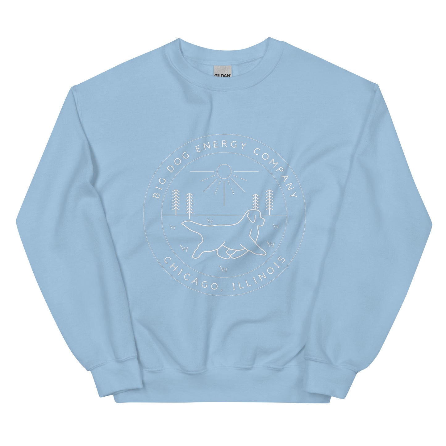 Light blue crew neck sweatshirt with the Big Dog Energy Company summer camp logo, which is white line art of the outline of a Newfoundland dog trotting through grass with primitive trees and a radiant sun in the background. All of this is encased by two concentric circles, with "Big Dog Energy Company, Chicago, Illinois" wrapped around the inside of the circles and surrounding the logo.