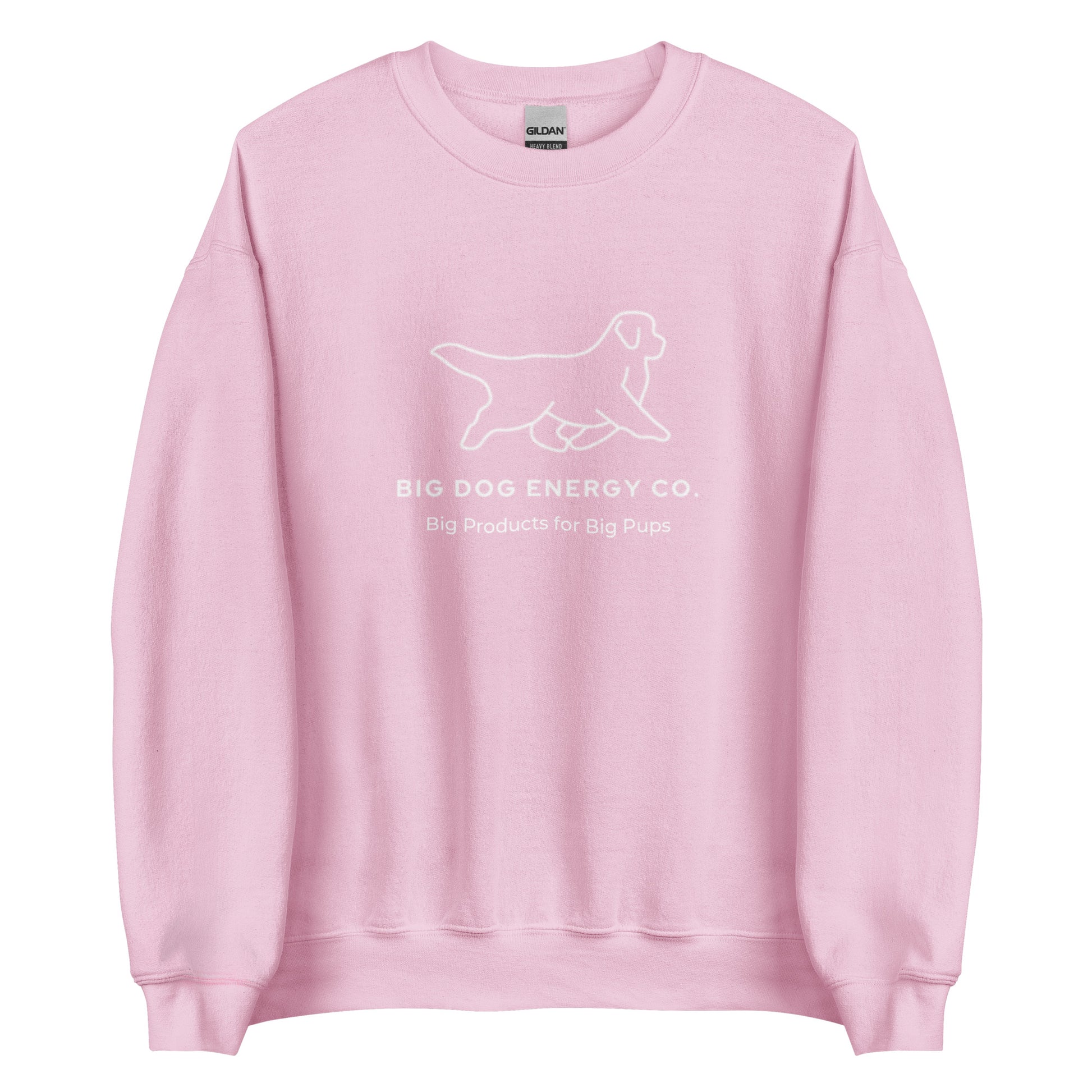 Light pink sweatshirt showing the white Big Dog Energy Company logo, which is a Newfoundland dog silhouette over the company name, with a smaller saying "Big Products for Big Pups" underneath the logo, also in white text.