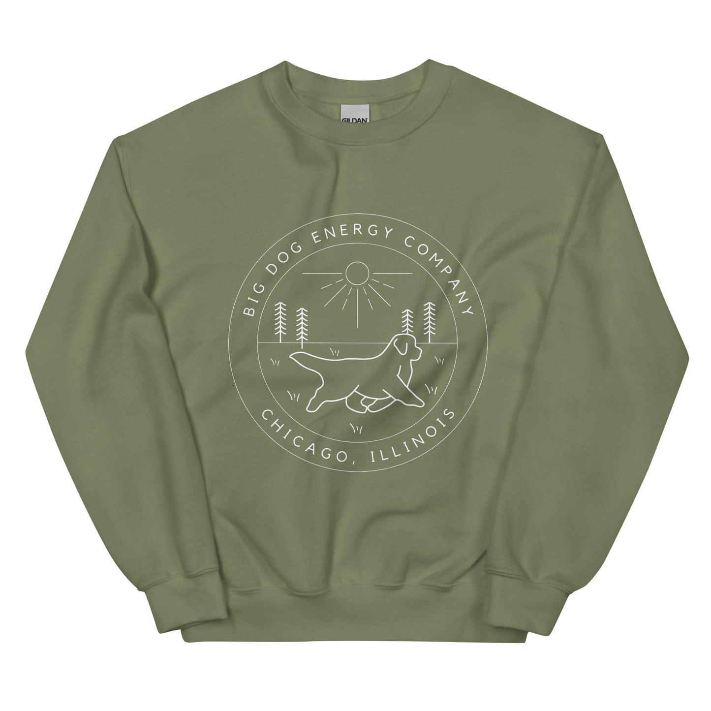 Military green crew neck sweatshirt with the Big Dog Energy Company summer camp logo, which is white line art of the outline of a Newfoundland dog trotting through grass with primitive trees and a radiant sun in the background. All of this is encased by two concentric circles, with "Big Dog Energy Company, Chicago, Illinois" wrapped around the inside of the circles and surrounding the logo.