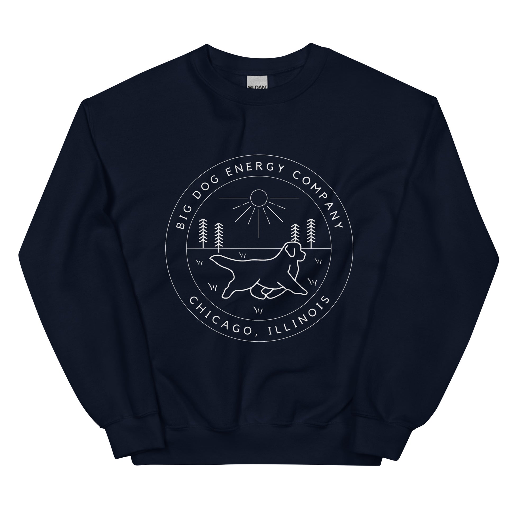 Navy crew neck sweatshirt with the Big Dog Energy Company summer camp logo, which is white line art of the outline of a Newfoundland dog trotting through grass with primitive trees and a radiant sun in the background. All of this is encased by two concentric circles, with "Big Dog Energy Company, Chicago, Illinois" wrapped around the inside of the circles and surrounding the logo.