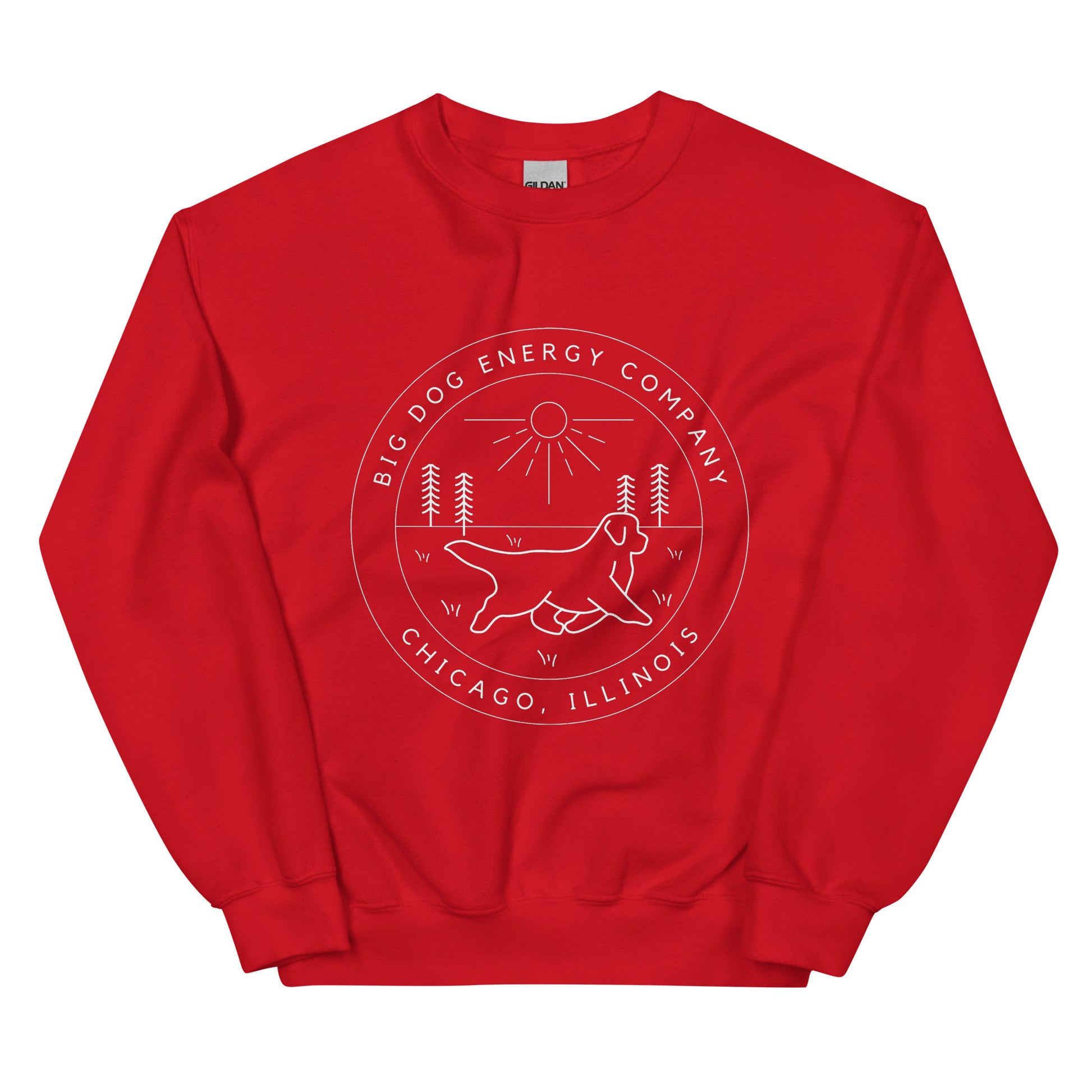 Red crew neck sweatshirt with the Big Dog Energy Company summer camp logo, which is white line art of the outline of a Newfoundland dog trotting through grass with primitive trees and a radiant sun in the background. All of this is encased by two concentric circles, with "Big Dog Energy Company, Chicago, Illinois" wrapped around the inside of the circles and surrounding the logo.