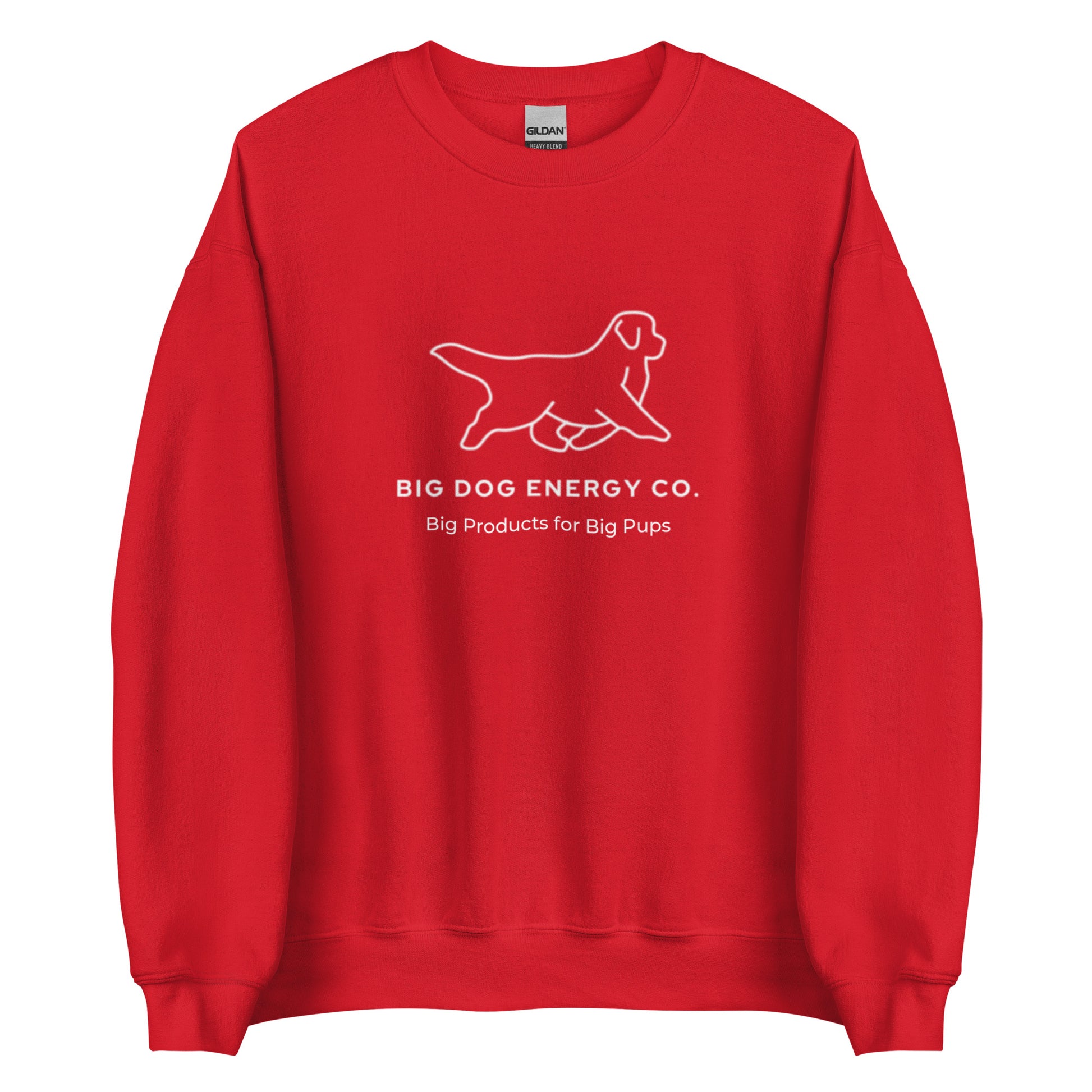 Red sweatshirt showing the white Big Dog Energy Company logo, which is a Newfoundland dog silhouette over the company name, with a smaller saying "Big Products for Big Pups" underneath the logo, also in white text.