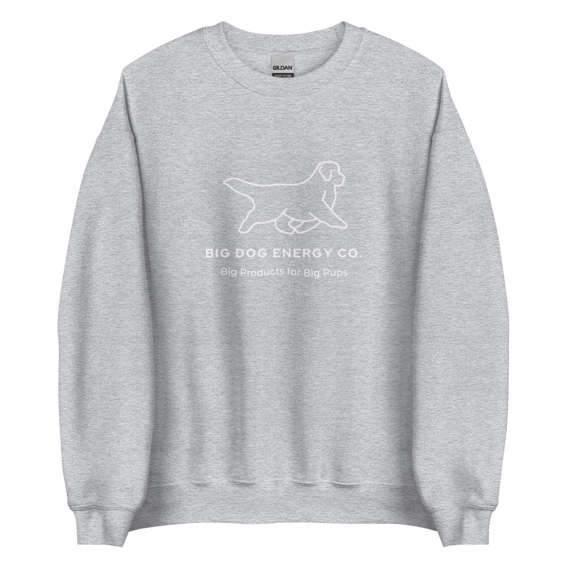 Light grey sweatshirt showing the white Big Dog Energy Company logo, which is a Newfoundland dog silhouette over the company name, with a smaller saying "Big Products for Big Pups" underneath the logo, also in white text.