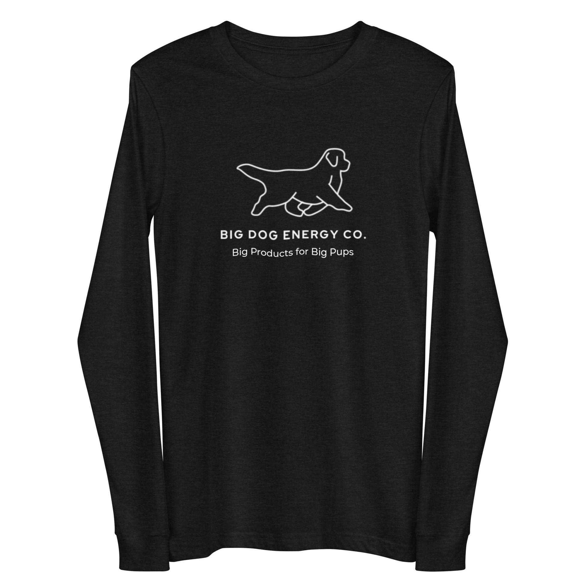 Black heather long sleeve t-shirt showing the white Big Dog Energy Company logo, which is a Newfoundland dog silhouette over the company name, with a smaller saying "Big Products for Big Pups" underneath the logo, also in white text.