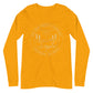 Yellow gold long sleeve t-shirt with the Big Dog Energy Company summer camp logo, which is white line art of the outline of a Newfoundland dog trotting through grass with primitive trees and a radiant sun in the background. All of this is encased by two concentric circles, with "Big Dog Energy Company, Chicago, Illinois" wrapped around the inside of the circles and surrounding the logo.