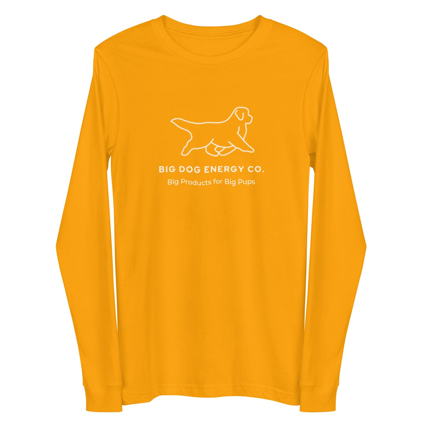 Gold yellow long sleeve t-shirt showing the white Big Dog Energy Company logo, which is a Newfoundland dog silhouette over the company name, with a smaller saying "Big Products for Big Pups" underneath the logo, also in white text.