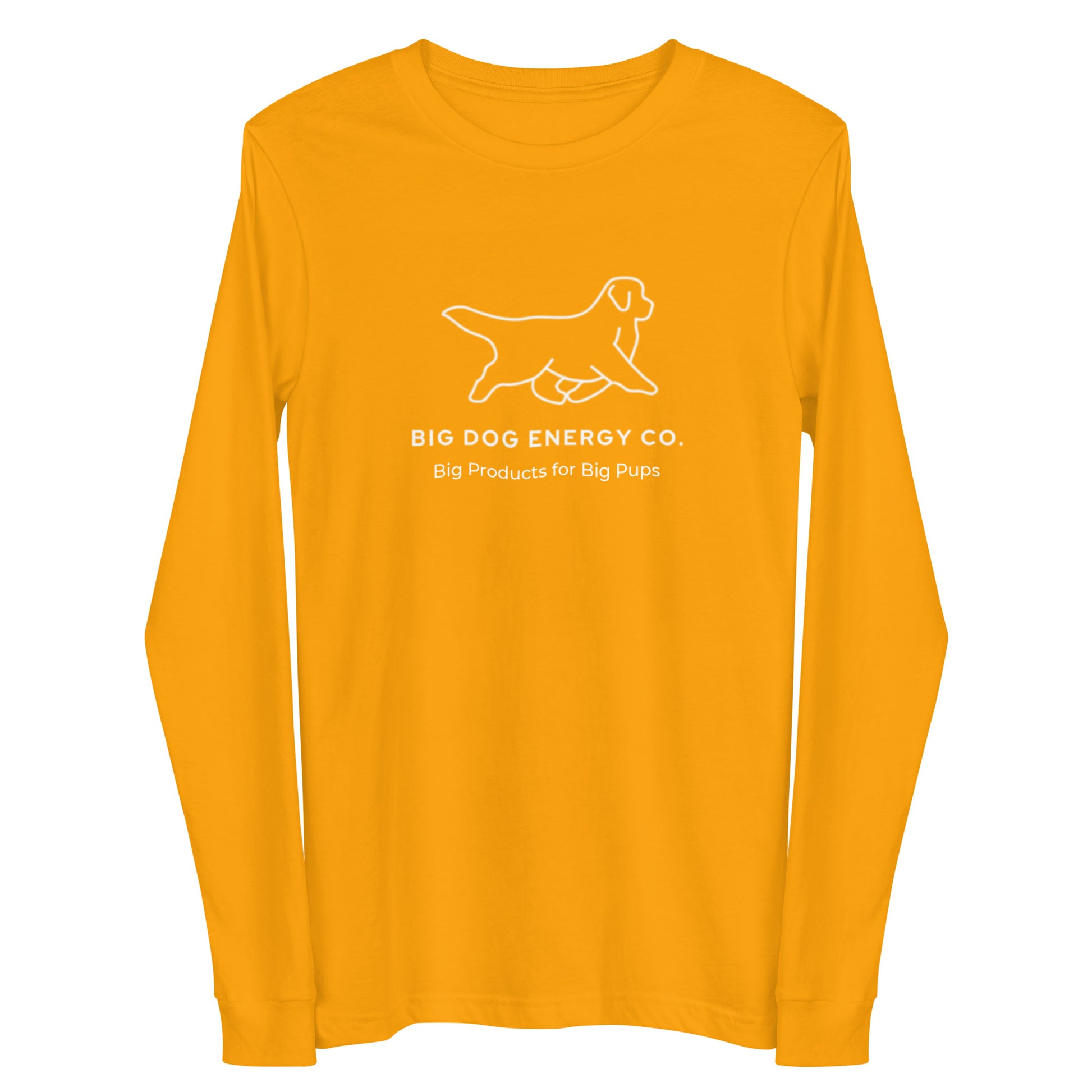 Gold yellow long sleeve t-shirt showing the white Big Dog Energy Company logo, which is a Newfoundland dog silhouette over the company name, with a smaller saying "Big Products for Big Pups" underneath the logo, also in white text.