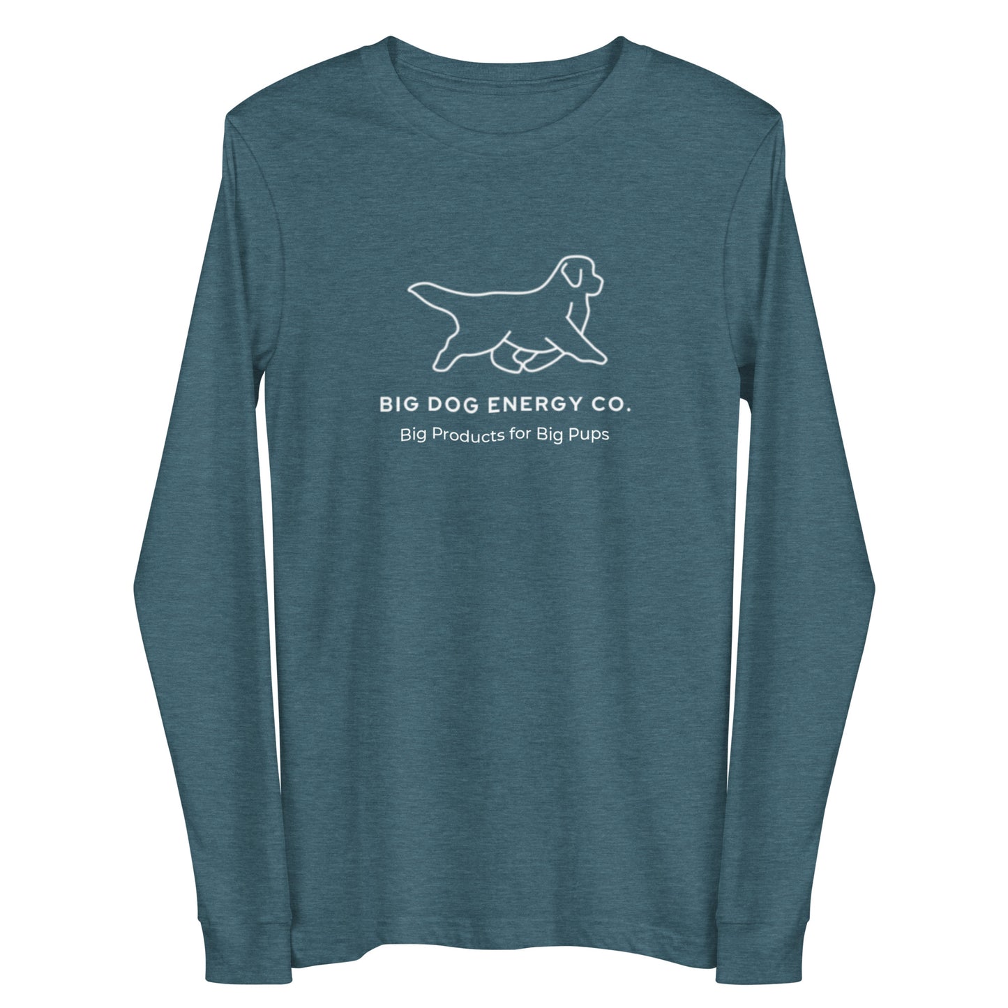 Deep heather teal long sleeve t-shirt showing the white Big Dog Energy Company logo, which is a Newfoundland dog silhouette over the company name, with a smaller saying "Big Products for Big Pups" underneath the logo, also in white text.