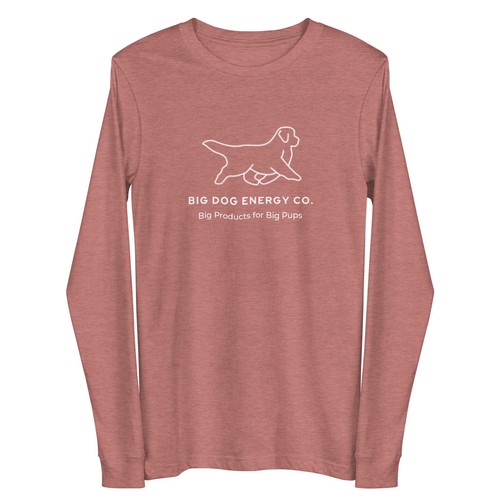 Heather mauve pink long sleeve t-shirt showing the white Big Dog Energy Company logo, which is a Newfoundland dog silhouette over the company name, with a smaller saying "Big Products for Big Pups" underneath the logo, also in white text.