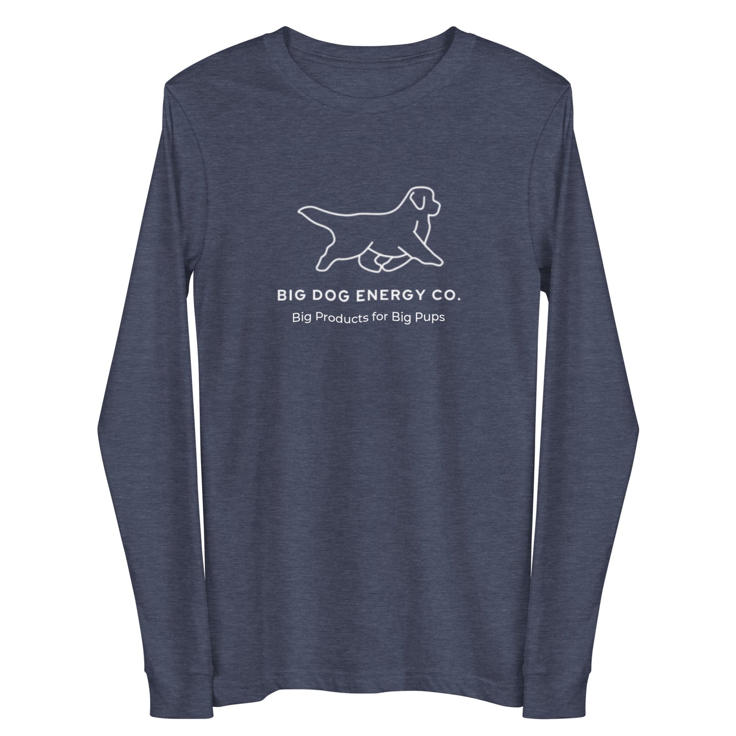 Heather navy long sleeve t-shirt showing the white Big Dog Energy Company logo, which is a Newfoundland dog silhouette over the company name, with a smaller saying "Big Products for Big Pups" underneath the logo, also in white text.