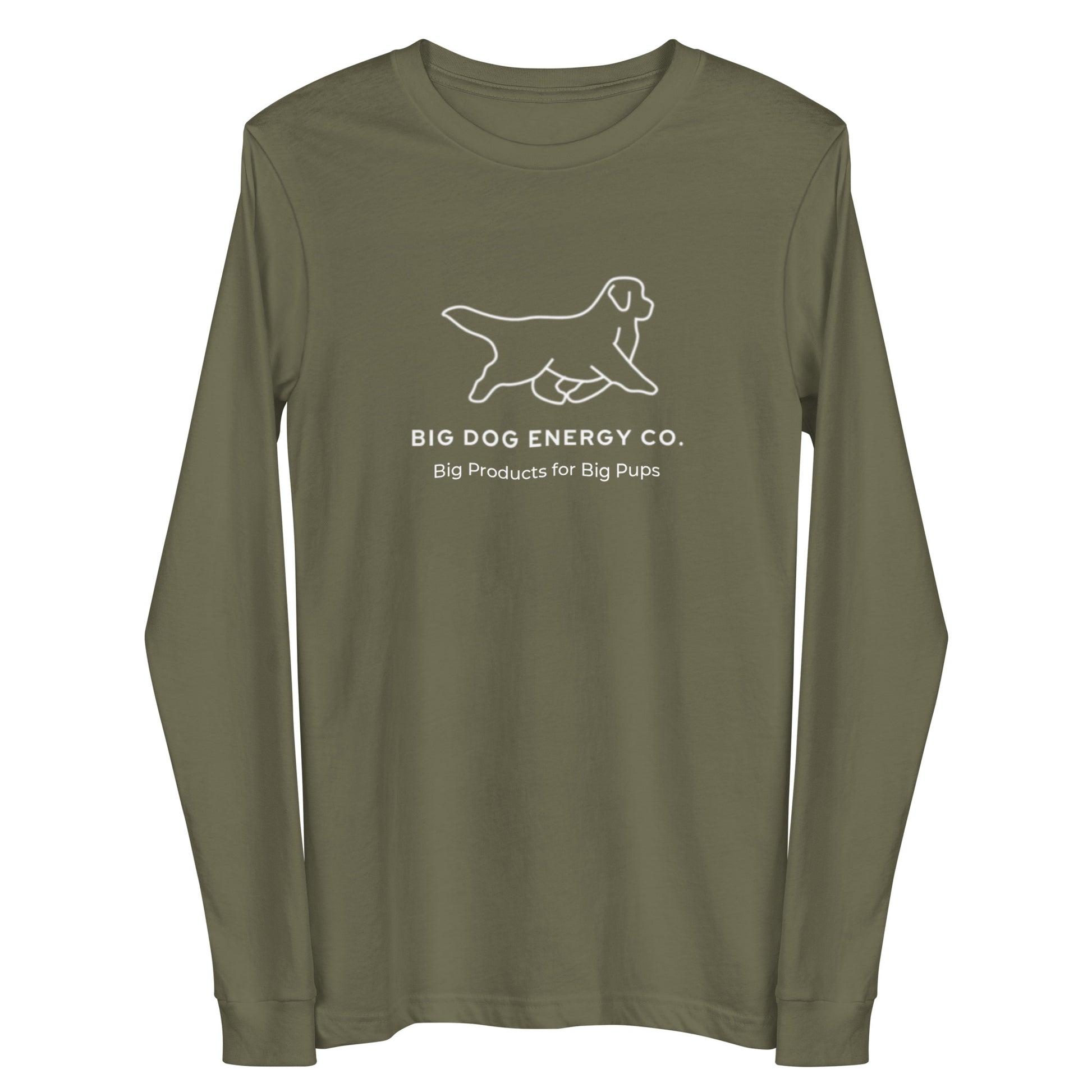 Military green long sleeve t-shirt showing the white Big Dog Energy Company logo, which is a Newfoundland dog silhouette over the company name, with a smaller saying "Big Products for Big Pups" underneath the logo, also in white text.