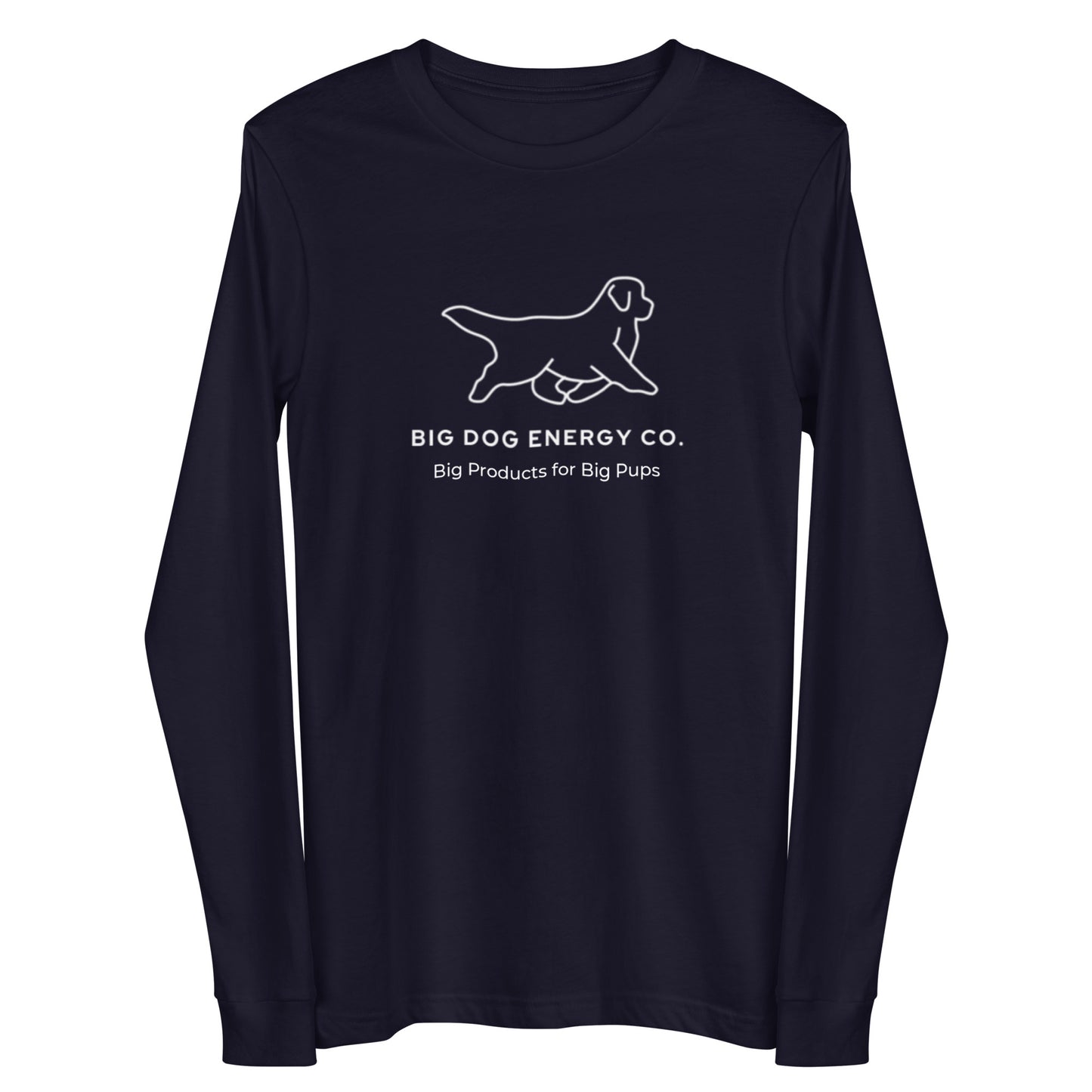 Navy long sleeve t-shirt showing the white Big Dog Energy Company logo, which is a Newfoundland dog silhouette over the company name, with a smaller saying "Big Products for Big Pups" underneath the logo, also in white text.