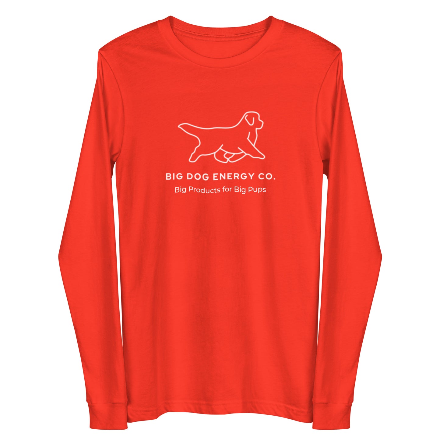 Poppy orange long sleeve t-shirt showing the white Big Dog Energy Company logo, which is a Newfoundland dog silhouette over the company name, with a smaller saying "Big Products for Big Pups" underneath the logo, also in white text.